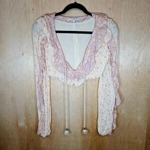 White/Pink/Purple/Peach Olivaceous Long Sleeve Floral Ruffle Crop Top Size Small